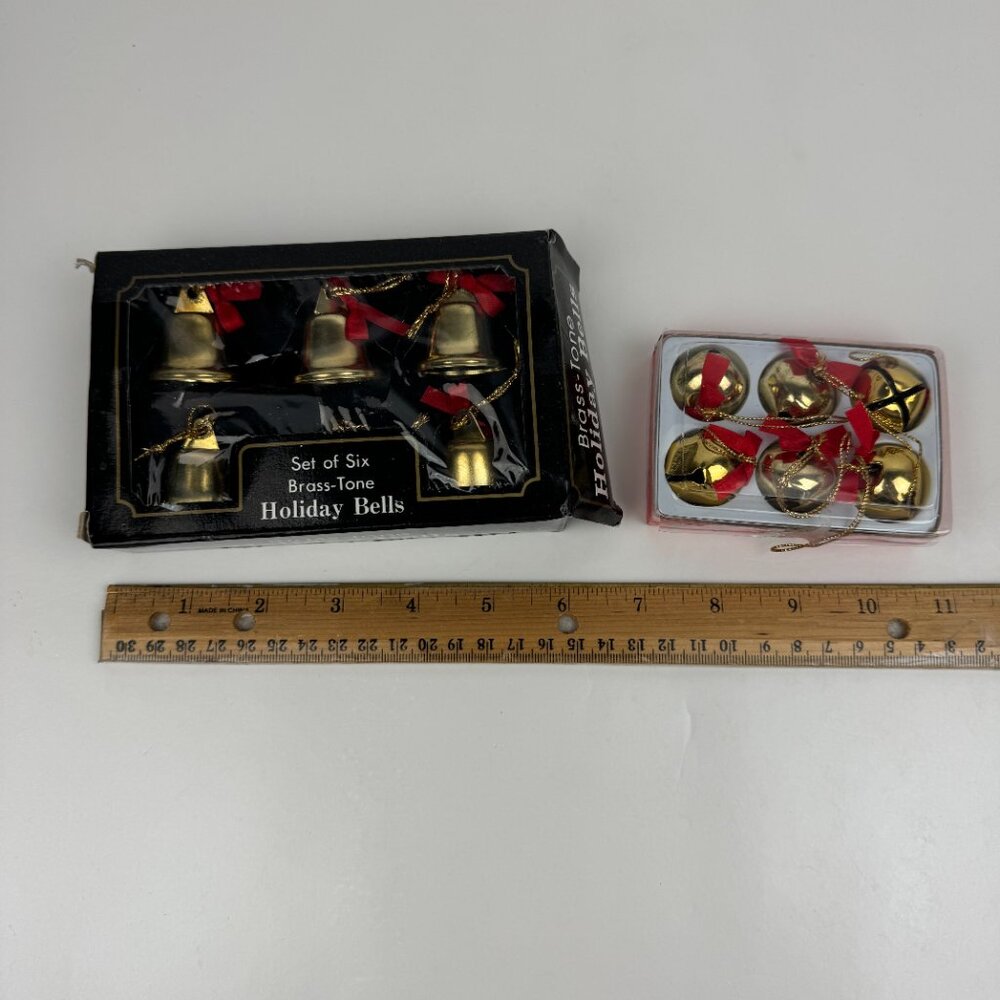 2 Vtg Pkgs Christmas Gold‎ Brass Tone Bells Jingle w Red Ribbon w Orig Box READ